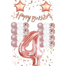 Hediye Ofisi Rose Gold Konsepti 4 Yaş Doğum Günü Seti Rakam ve Yıldız Folyo Balon Banner ve 24 Adet Balon ve Pul 