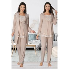 Effortt 3044 Dantel Sabahlıklı Lohusa Pijama Bej