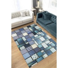 Homshtag Yamalı Moda Patchwork Geometrik Halı Mavi Kareli Oturma Odası Halısı Renkli Salon Halısı
