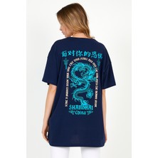 MRS Clothing Shanghaı Lacivert Kadın Oversize Geniş Kalıp Bisiklet Yaka Baskılı Kısa Kollu T-Shirt