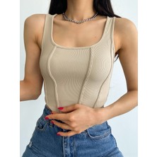 Juwen Kare Yaka Korse Görünümlü Crop Top Bluz Bej