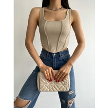 Juwen Kare Yaka Korse Görünümlü Crop Top Bluz Bej