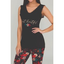 Quilling Siyah Renk Çiçek Desenli Lady 12023 Kısa Kol Kapri Pijama Takımı;