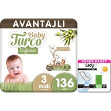 Baby Turco Doğadan Avantajlı Paket Bebek Bezi 3 Numara Midi 136 Adet + Günlük Ped Normal 40 Adet