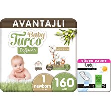 Baby Turco Doğadan Avantajlı Paket Bebek Bezi 1 Numara Yenidoğan 160 Adet + Günlük Ped Normal 40 Adet
