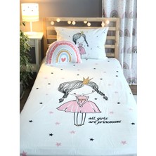 Evmila Beyaz Prenses Taçlı Kız Dekoratif Yatak Örtüsü YÖ768