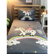 Lolla Evmila Gri Zemin Unicorn Kadife Dekoratif Örtü 79