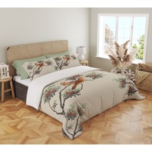 Evmila Ekru Kuş Desen Baskılı Çift Kişilik 200X220 cm 2 Adet 50X70CM Nevresim Takımı - Ekru