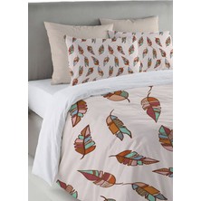 Evmila Renkli Yaprak Desen Baskılı Çift Kişilik 200X220 cm Nevresim Takımı - Krem