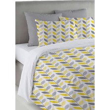 Evmila Sarı ve Gri Yaprak Desen Baskılı Çift Kişilik 200X220 cm Nevresim Takımı - Beyaz