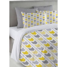 Evmila Sarı ve Gri Geometrik Desen Baskılı Çift Kişilik 200X220 cm Nevresim Takımı - Beyaz