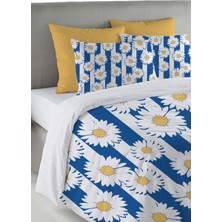 Evmila Mavi Beyaz Çizgi Papatya Desen Baskılı Çift Kişilik 200X220 cm Nevresim Takımı - Mavi