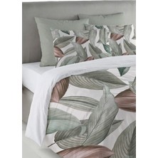 Evmila Yeşil ve Kahverengi Yaprak Desen Baskılı Çift Kişilik 200X220 cm Nevresim Takımı - Beyaz