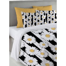 Evmila Siyah Çizgili Papatya Desen Baskılı Çift Kişilik 200X220 cm ÇARŞAFSIZ Nevresim Takımı - Siyah ve Beyaz