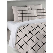 Evmila Siyah Kare Desen Baskılı Çift Kişilik 200X220 cm Nevresim Takımı - Krem