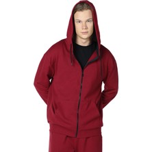 Defy's Arda Erkek Pamuklu 2 İplik Şardonsuz Oversize Kapüşonlu Fermuarlı Bordo Sweatshirt