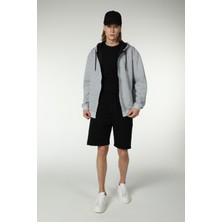 Defy's Arda Erkek Pamuklu İnterlok Şardonsuz Oversize Kapüşonlu Fermuarlı Kırçıllı Gri Melanj Sweatshirt