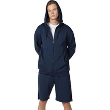 Defy's Arda Erkek %100 Pamuk 2 İplik Şardonsuz Oversize Kapüşonlu Fermuarlı Lacivert Sweatshirt