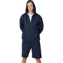 Defy's Arda Erkek %100 Pamuk 2 İplik Şardonsuz Oversize Kapüşonlu Fermuarlı İndigo Sweatshirt
