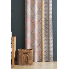 Evmila Baskılı Modern Desenli Salon ve Yatak Odası Tek Kanat Kadife Doku Fon Perde - Pembe ve Beyaz