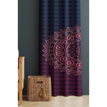 Evmila Baskılı Etnik Desenli Salon ve Yatak Odası Tek Kanat Kadife Doku Fon Perde - Mor