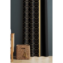 Evmila Baskılı Modern Desenli Salon ve Yatak Odası Tek Kanat Kadife Doku Fon Perde - Siyah