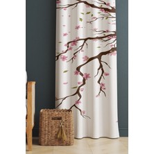 Evmila Baskılı Ağaç Dalı Desenli Salon ve Yatak Odası Tek Kanat Kadife Doku Fon Perde - Beyaz