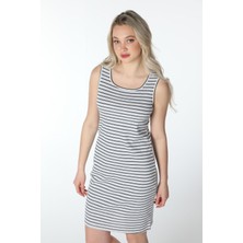 Defy's Kadın U Yaka Sıfır Kol Regular Fit Çizgili Elbise Gri-Siyah