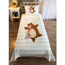 Evmila Balerin Kız ve Ayı Desenli Tek Kişilik Kadife Yatak Örtüsü -Beyaz