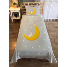 Evmila Ay ve Tavşan Desenli Tek Kişilik Kadife Yatak Örtüsü -Gri