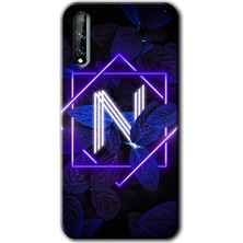 MRC İletişim Huawei Y8P Kılıf Hd Desen Baskılı Arka Kapak + Temperli Cam - Dark Neon Yaprak N Harfi