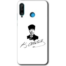 MRC İletişim Huawei P30 Lite Kılıf Hd Desen Baskılı Arka Kapak + Temperli Cam - Kemal Atatürk Imza