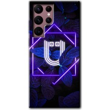MRC İletişim Samsung Galaxy S22 Ultra Kılıf Hd Desen Baskılı Arka Kapak + Temperli Cam - Dark Neon Yaprak Ü Harfi