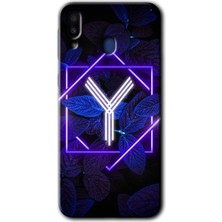 MRC İletişim Samsung Galaxy M10 Kılıf Hd Desen Baskılı Arka Kapak + Temperli Cam - Dark Neon Yaprak Y Harfi