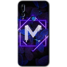 MRC İletişim Huawei Y9 Prime 2019 Kılıf Hd Desen Baskılı Arka Kapak + Temperli Cam - Dark Neon Yaprak M Harfi