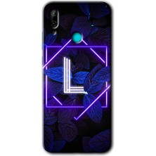 MRC İletişim Huawei P Smart 2019 Kılıf Hd Desen Baskılı Arka Kapak + Temperli Cam - Dark Neon Yaprak L Harfi