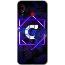 MRC İletişim Samsung Galaxy A30 Kılıf Hd Desen Baskılı Arka Kapak + Temperli Cam - Dark Neon Yaprak C Harfi