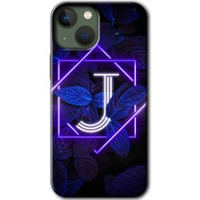 MRC İletişim iPhone 13 Mini Kılıf Hd Desen Baskılı Arka Kapak + Temperli Cam - Dark Neon Yaprak J Harfi
