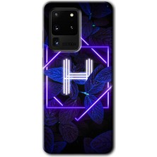 MRC İletişim Samsung Galaxy S20 Ultra Kılıf Hd Desen Baskılı Arka Kapak + Temperli Cam - Dark Neon Yaprak H Harf