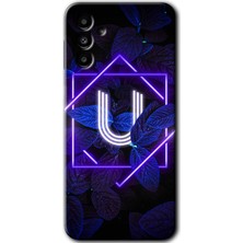 MRC İletişim Samsung Galaxy M23 Kılıf Hd Desen Baskılı Arka Kapak + Temperli Cam - Dark Neon Yaprak U Harfi