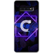 MRC İletişim Samsung Galaxy S10 Kılıf Hd Desen Baskılı Arka Kapak + Temperli Cam - Dark Neon Yaprak C Harfi