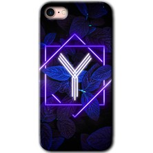 MRC İletişim iPhone Se 2022 Kılıf Hd Desen Baskılı Arka Kapak + Temperli Cam - Dark Neon Yaprak Y Harfi