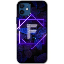 MRC İletişim iPhone 12 Mini Kılıf Hd Desen Baskılı Arka Kapak + Temperli Cam - Dark Neon Yaprak F Harfi