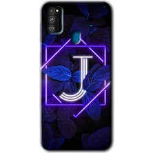 MRC İletişim Samsung Galaxy M21 Kılıf Hd Desen Baskılı Arka Kapak + Temperli Cam - Dark Neon Yaprak J Harfi