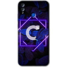 MRC İletişim Honor 8x Kılıf Hd Desen Baskılı Arka Kapak + Temperli Cam - Dark Neon Yaprak C Harfi