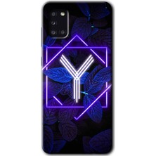 MRC İletişim Samsung Galaxy A31 Kılıf Hd Desen Baskılı Arka Kapak + Temperli Cam - Dark Neon Yaprak Y Harfi