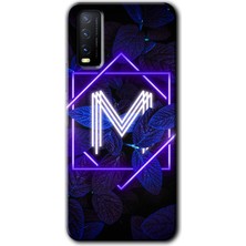 MRC İletişim Vivo Y20 Kılıf Hd Desen Baskılı Arka Kapak - Dark Neon Yaprak M Harfi