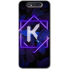 MRC İletişim Samsung Galaxy A80 Kılıf Hd Desen Baskılı Arka Kapak + Temperli Cam - Dark Neon Yaprak K Harfi