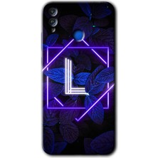 MRC İletişim Honor 8x Kılıf Hd Desen Baskılı Arka Kapak + Temperli Cam - Dark Neon Yaprak L Harfi