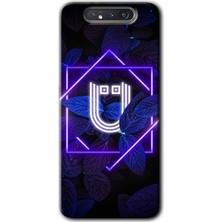 MRC İletişim Samsung Galaxy A80 Kılıf Hd Desen Baskılı Arka Kapak + Temperli Cam - Dark Neon Yaprak Ü Harfi